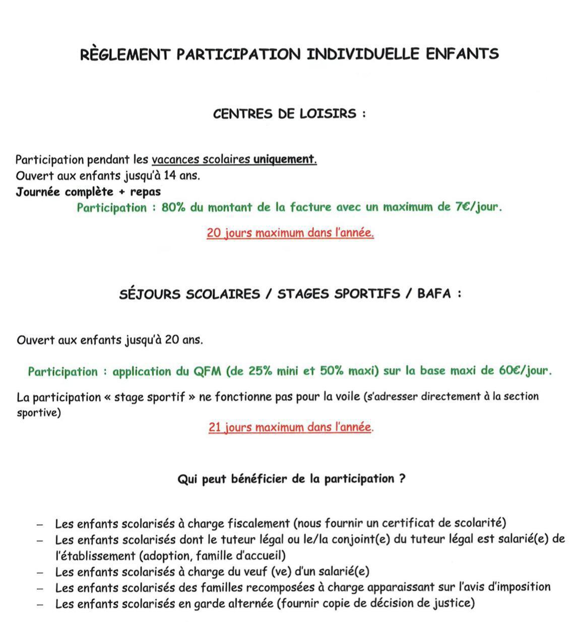 Le saviez-vous ??? Participation centre de loisirs, voyages scolaires…….