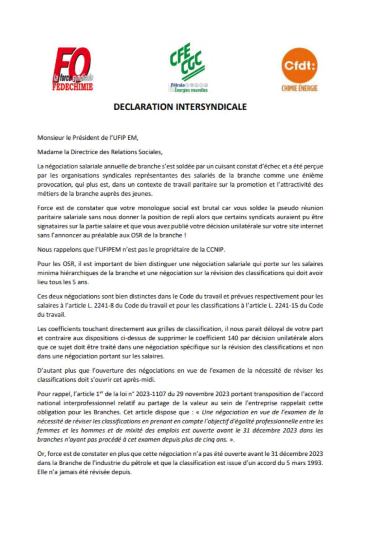 Déclaration intersyndicale Déclaration intersyndicale