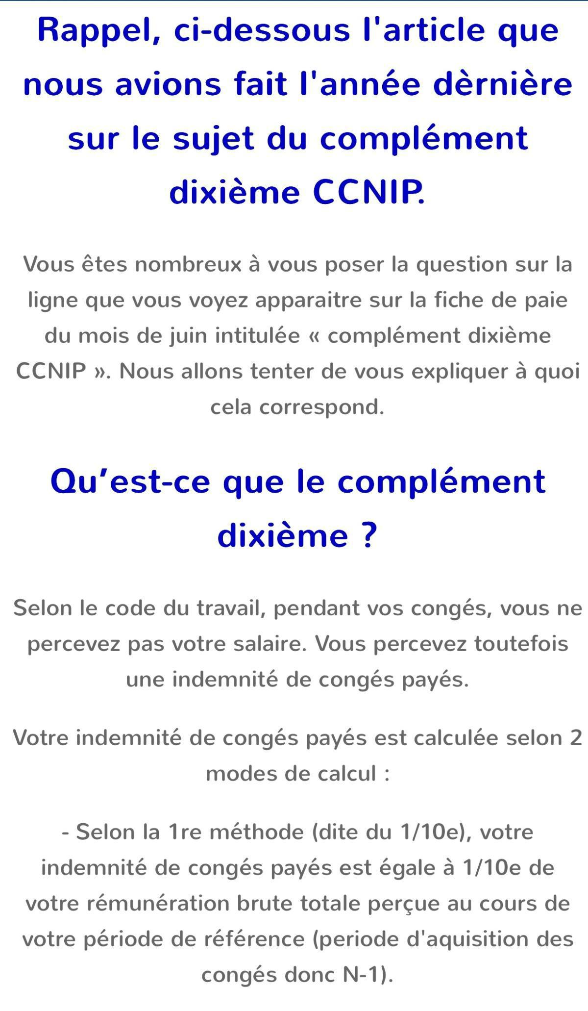 Paie de juin – complément dixième CCNIP