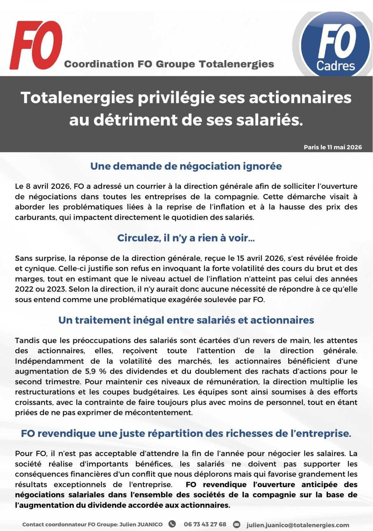 Salaires bloqués, envolées des dividendes, FO dit STOP !!!