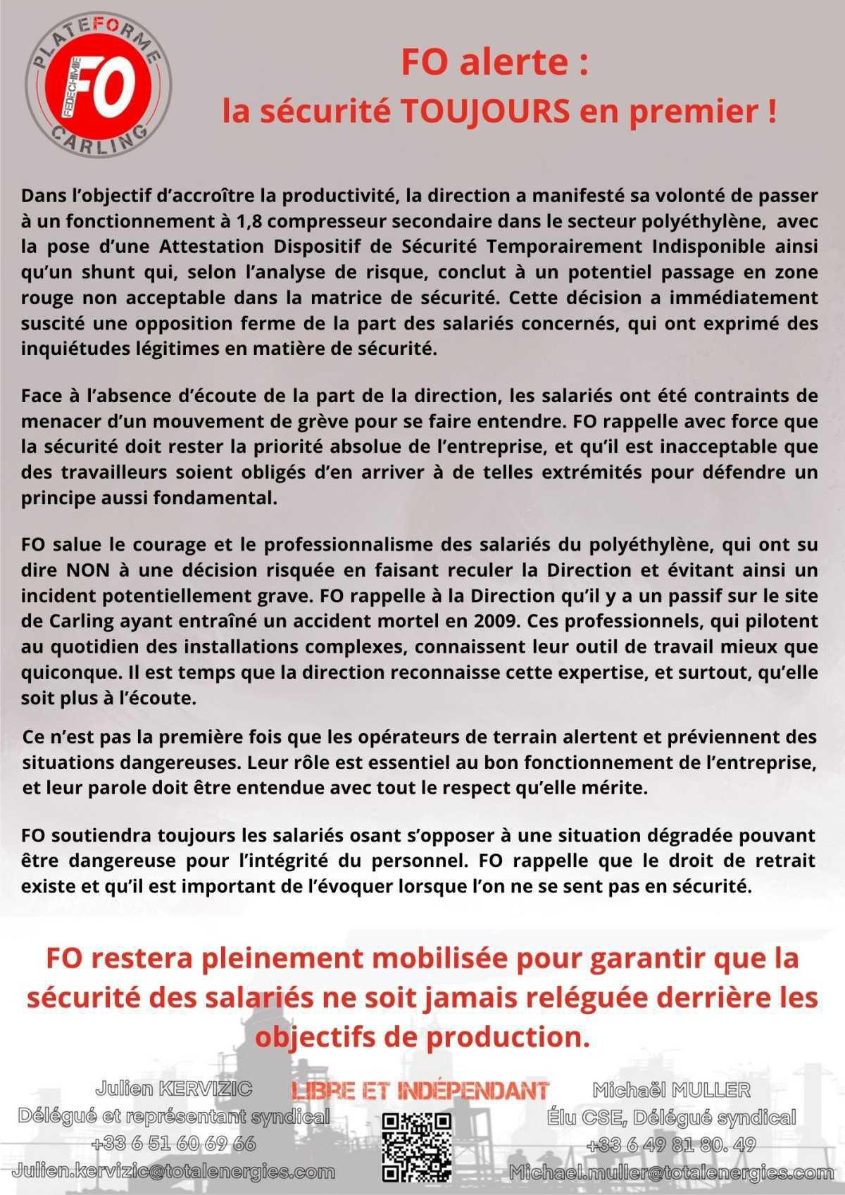 FO alerte : la sécurité en premier 