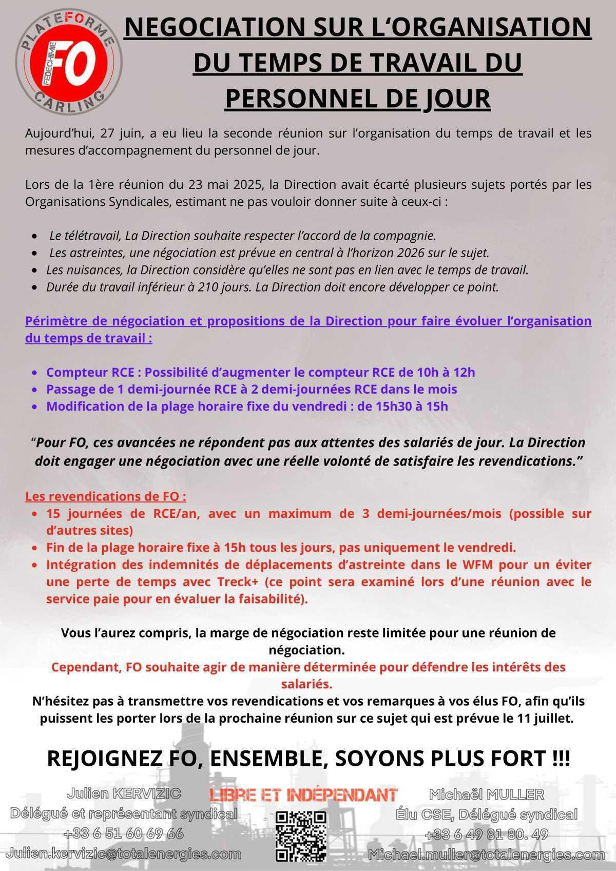 Négociation sur l'organisation du temps de travail du personnel de jour