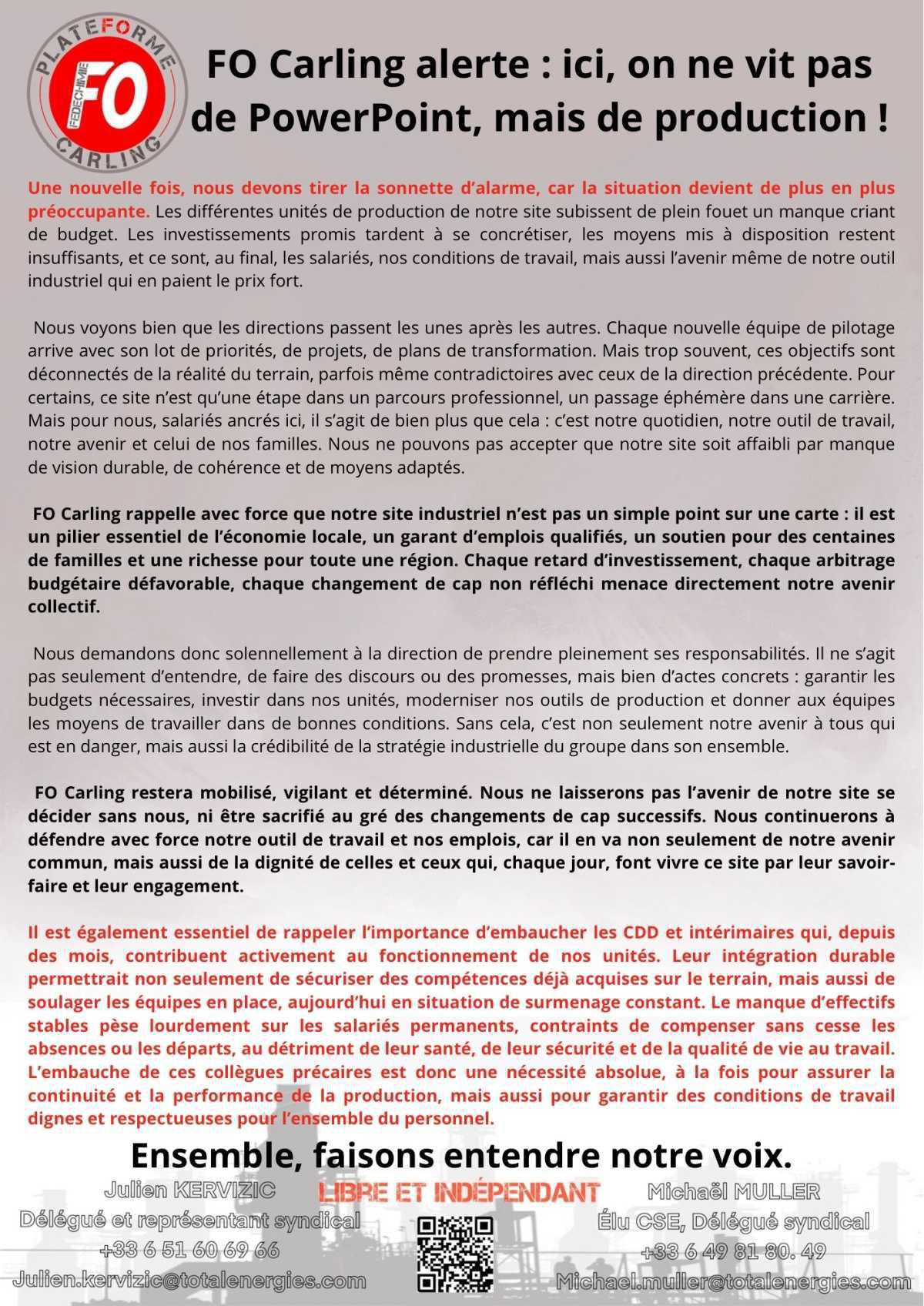 FO alerte sur les budgets et les ressources a Carling