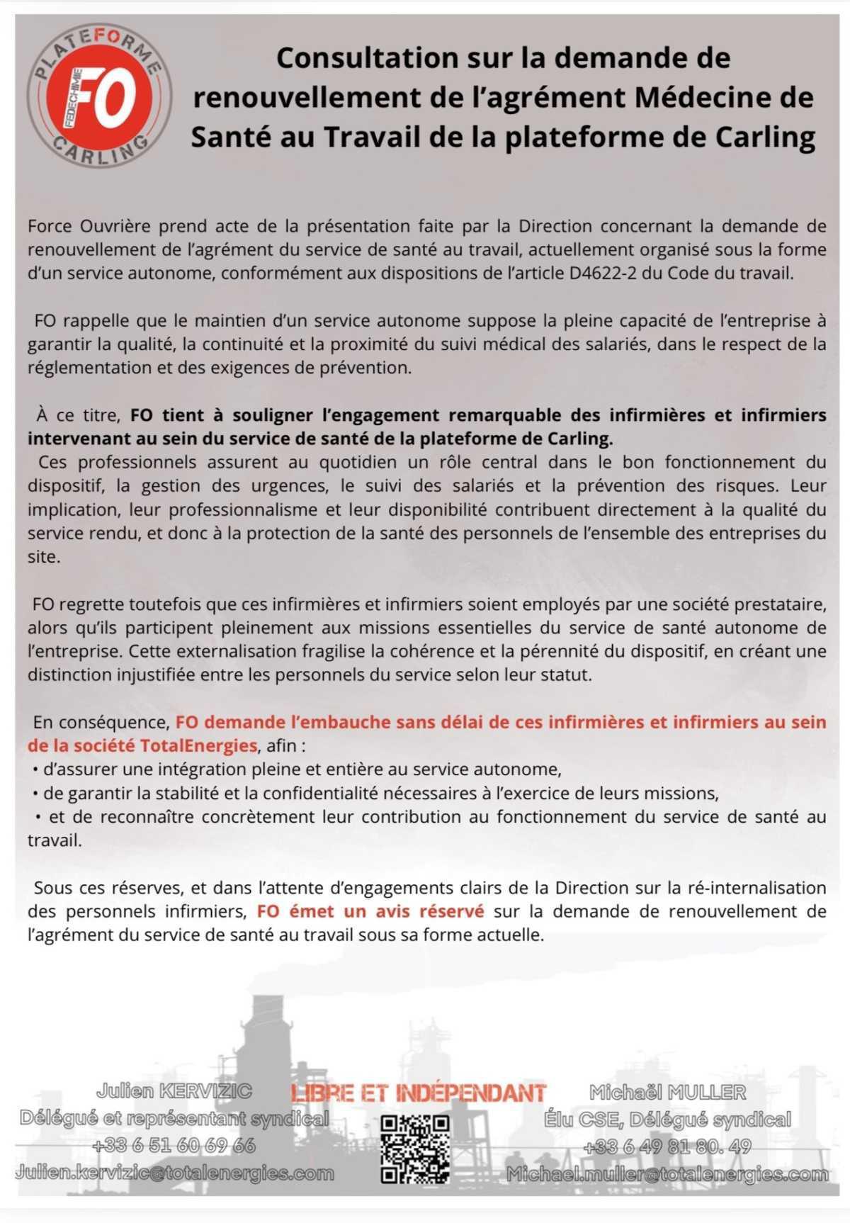 CSE entrant et CSE octobre 2025 / consultation demande d’agrément médecine du travail plateforme de Carling
