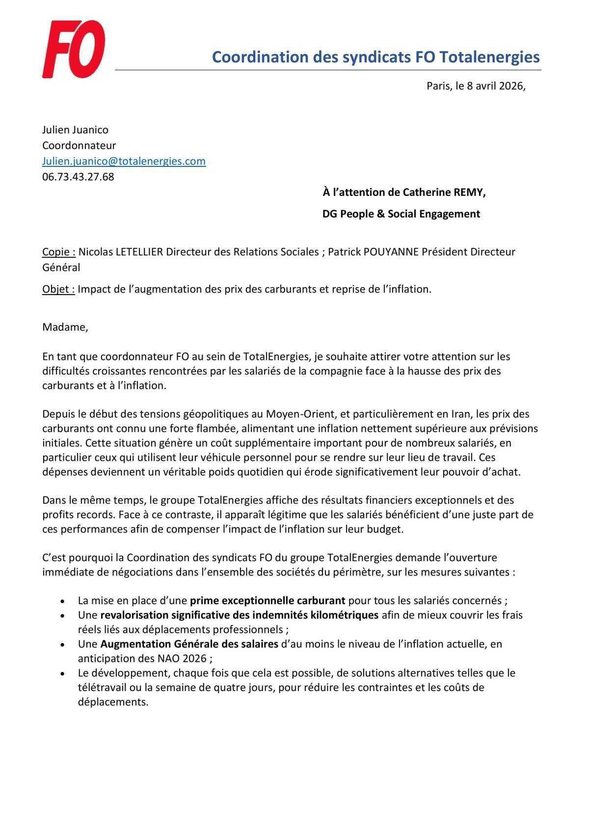 Courrier FO adressé à notre Direction
