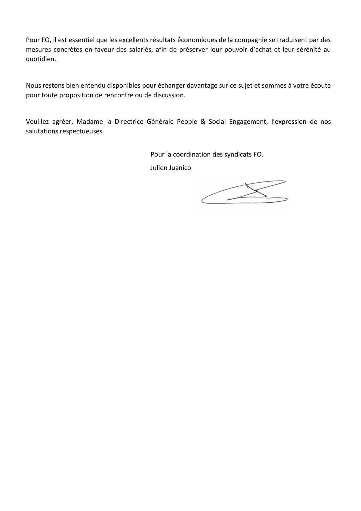 Courrier FO adressé à notre Direction