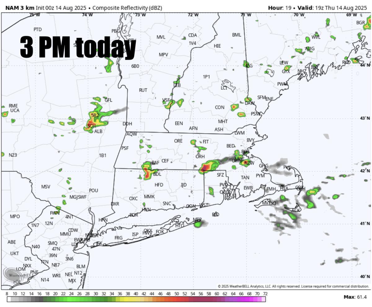 A few scattered storms expected to develop today across Eastern New England 