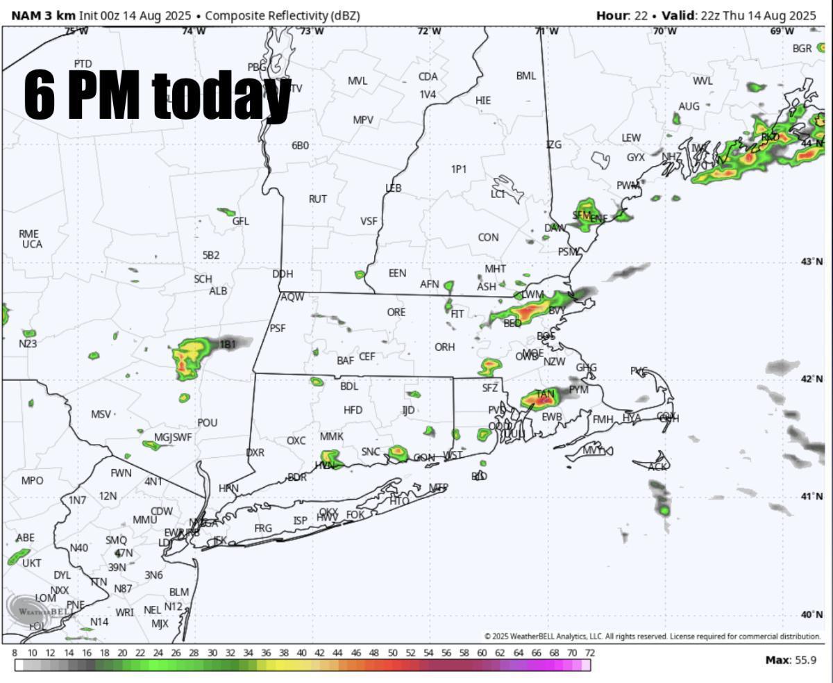 A few scattered storms expected to develop today across Eastern New England 