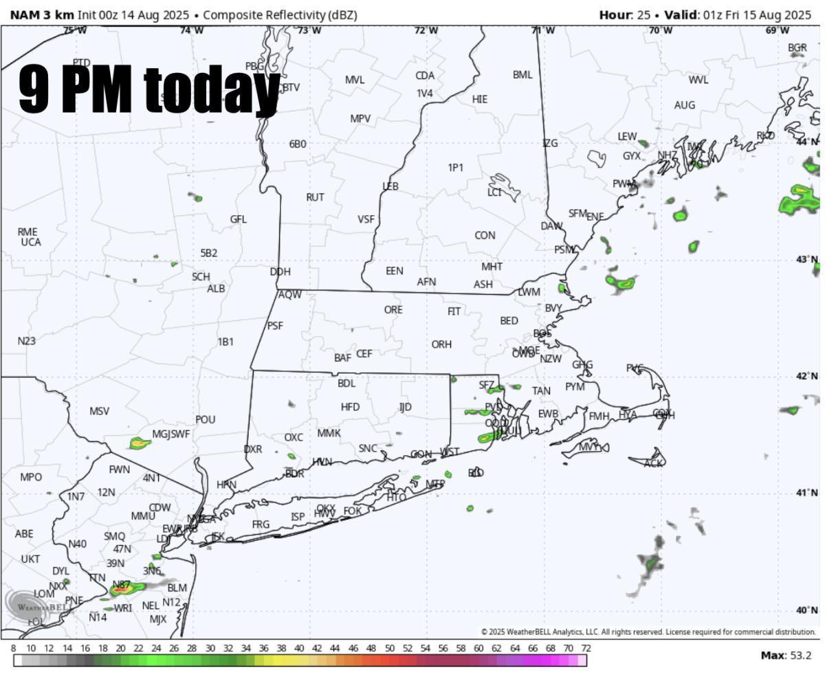 A few scattered storms expected to develop today across Eastern New England 