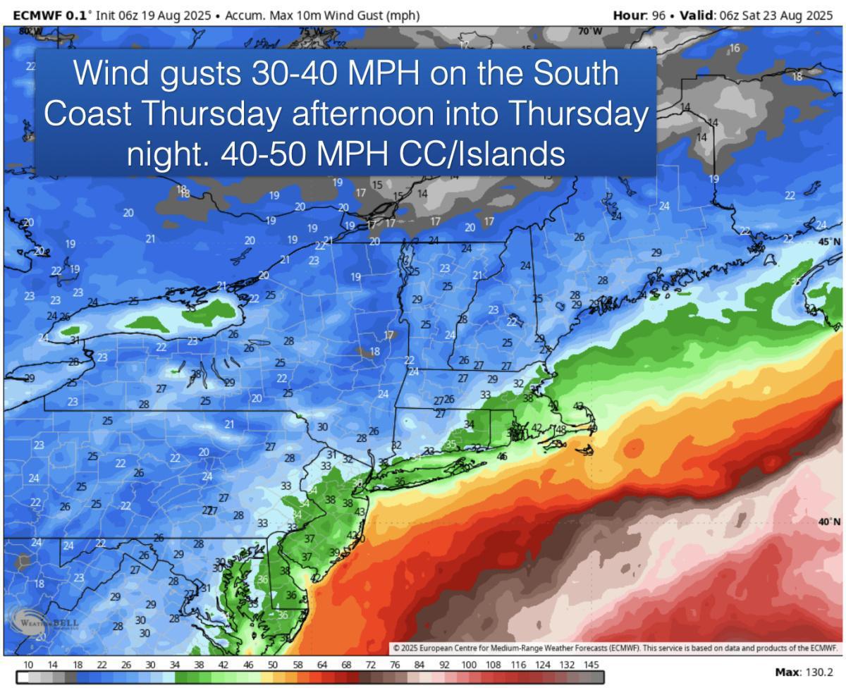 Wednesday's forecast has trended much wetter across SNE. Large waves and dangerous rip currents from Erin