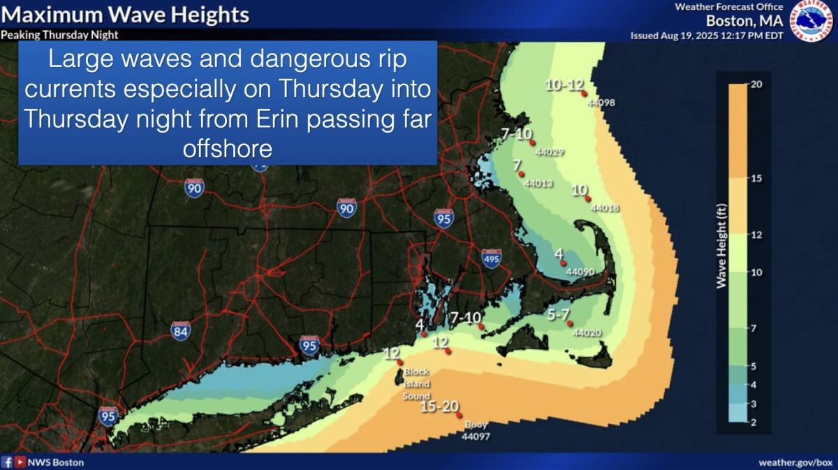 Wednesday's forecast has trended much wetter across SNE. Large waves and dangerous rip currents from Erin