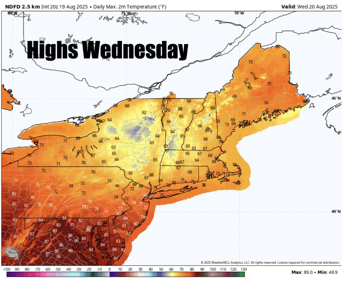 Wednesday's forecast has trended much wetter across SNE. Large waves and dangerous rip currents from Erin