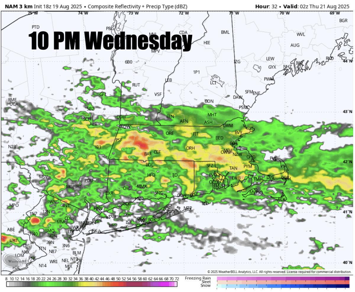 Wednesday's forecast has trended much wetter across SNE. Large waves and dangerous rip currents from Erin