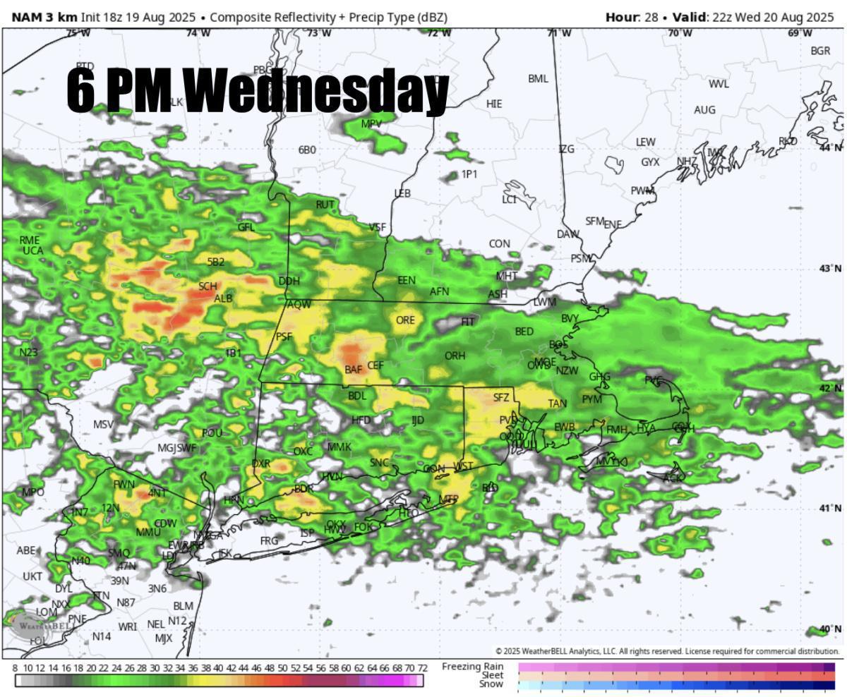 Wednesday's forecast has trended much wetter across SNE. Large waves and dangerous rip currents from Erin