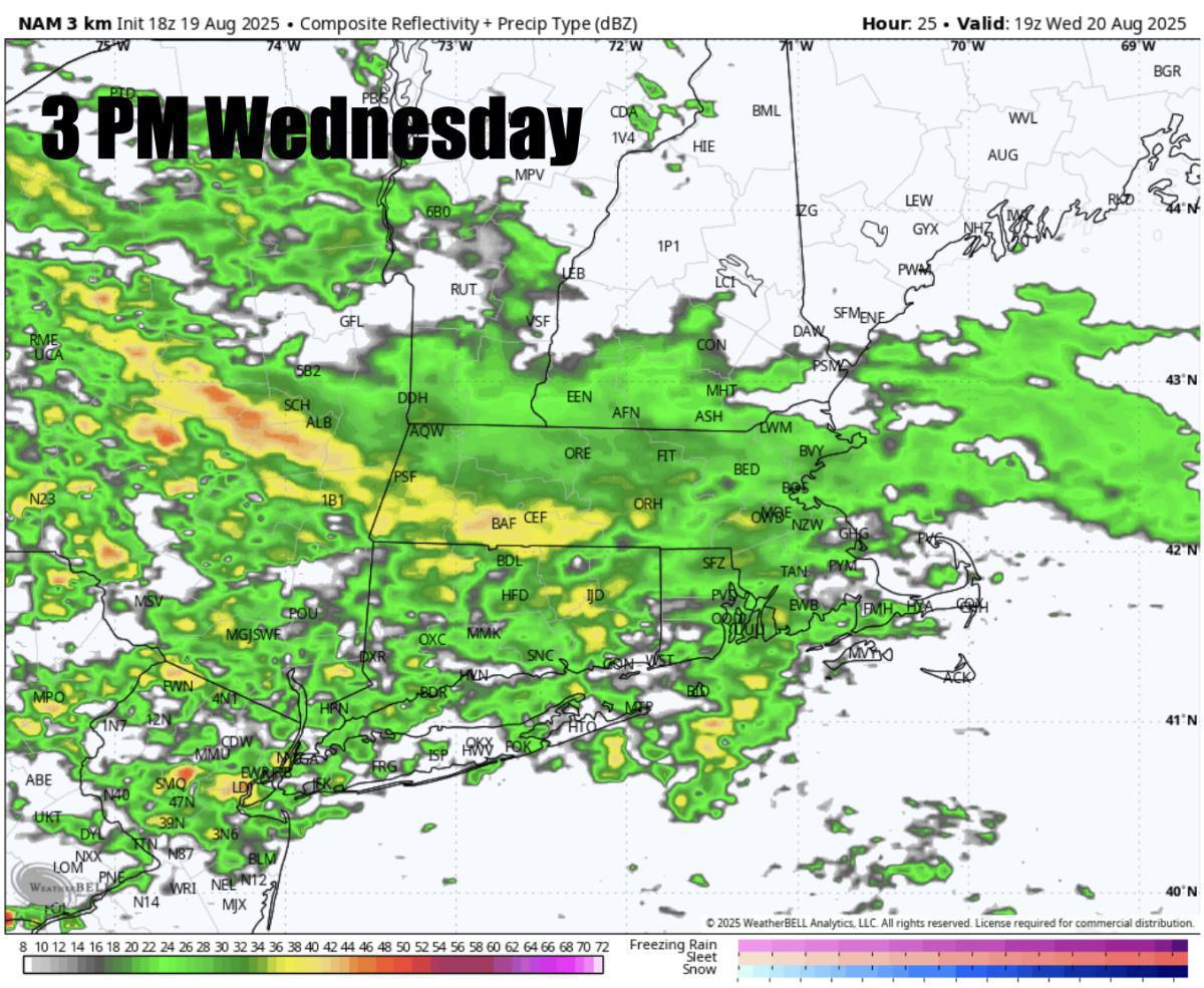 Wednesday's forecast has trended much wetter across SNE. Large waves and dangerous rip currents from Erin