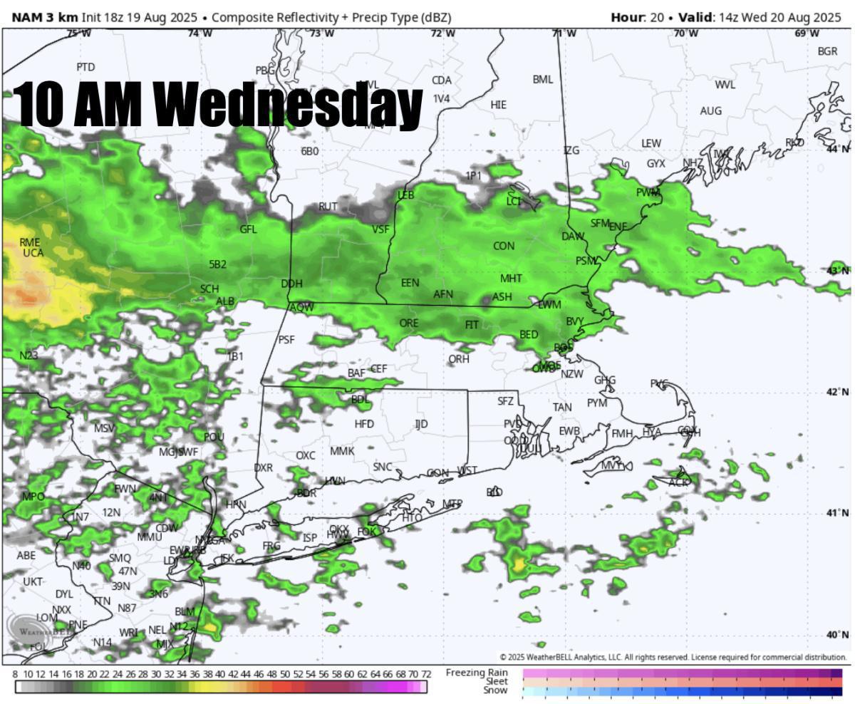 Wednesday's forecast has trended much wetter across SNE. Large waves and dangerous rip currents from Erin