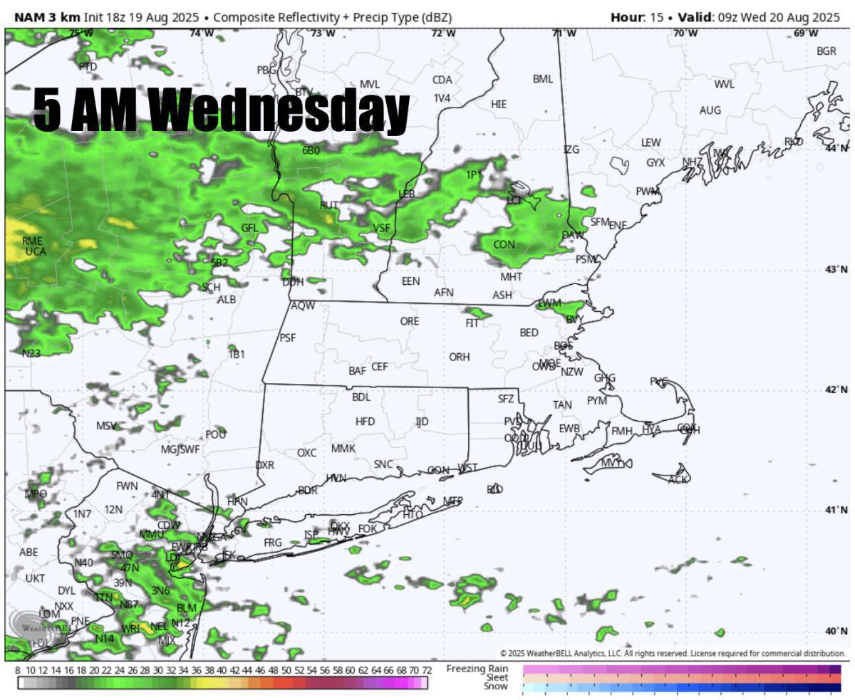 Wednesday's forecast has trended much wetter across SNE. Large waves and dangerous rip currents from Erin