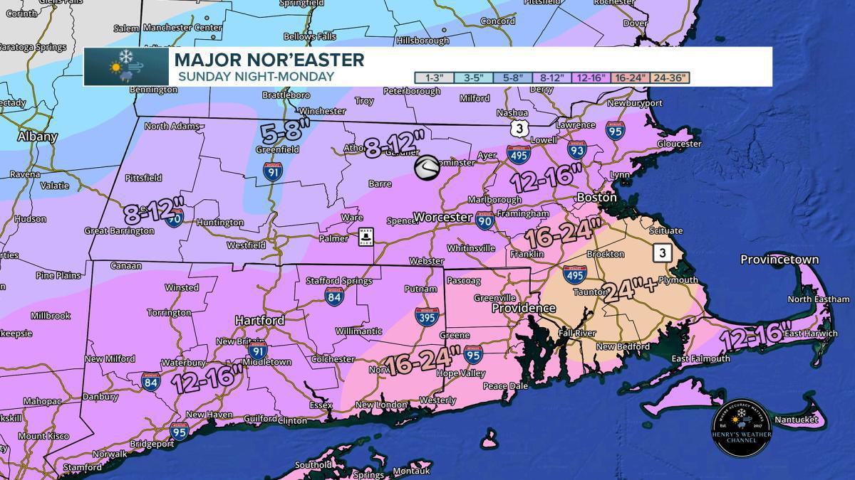 BREAKING! A MAJOR NOR'EASTER IS SET TO SLAM SOUTHERN NEW ENGLAND SUNDAY NIGHT INTO MONDAY WITH DAMAGING WINDS, 1-2 FEET OF SNOW, POWER OUTAGES!