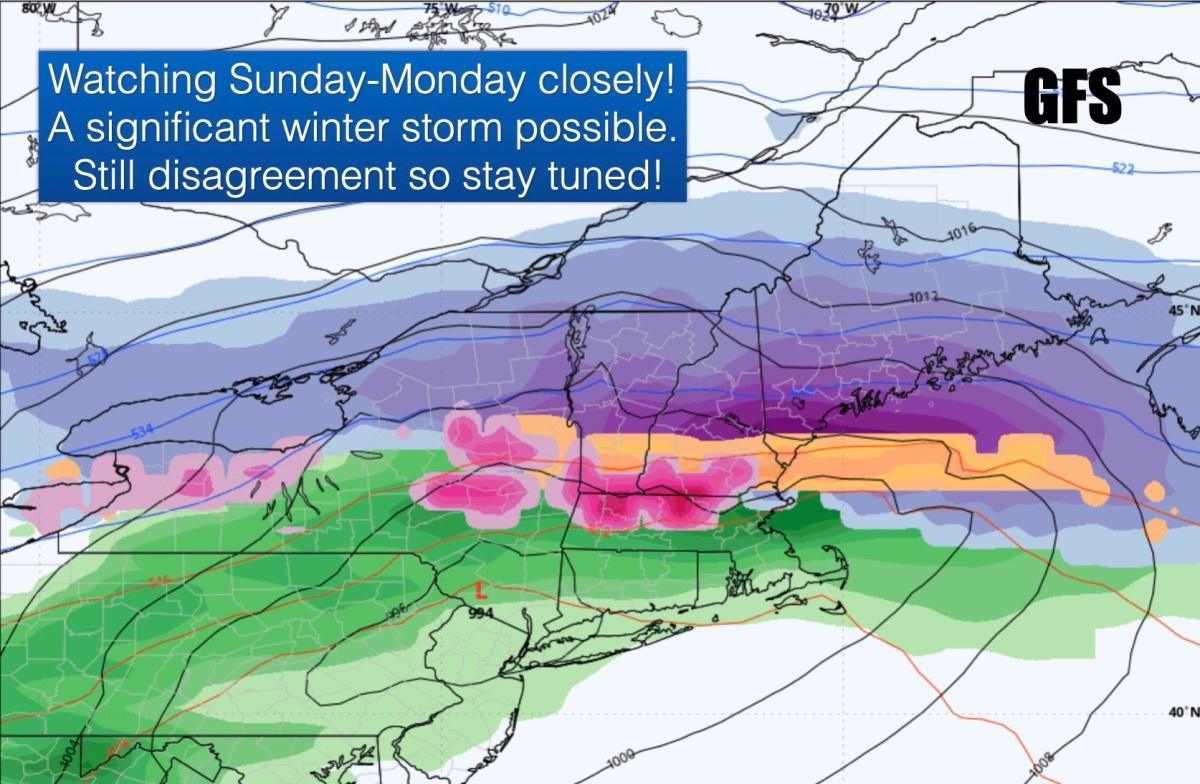 Accumulating snow across Northern New England on Friday. Watching the potential for a winter storm Sunday-Monday Accumulating snow across Northern New England on Friday. Watching the potential for a winter storm Sunday-Monday