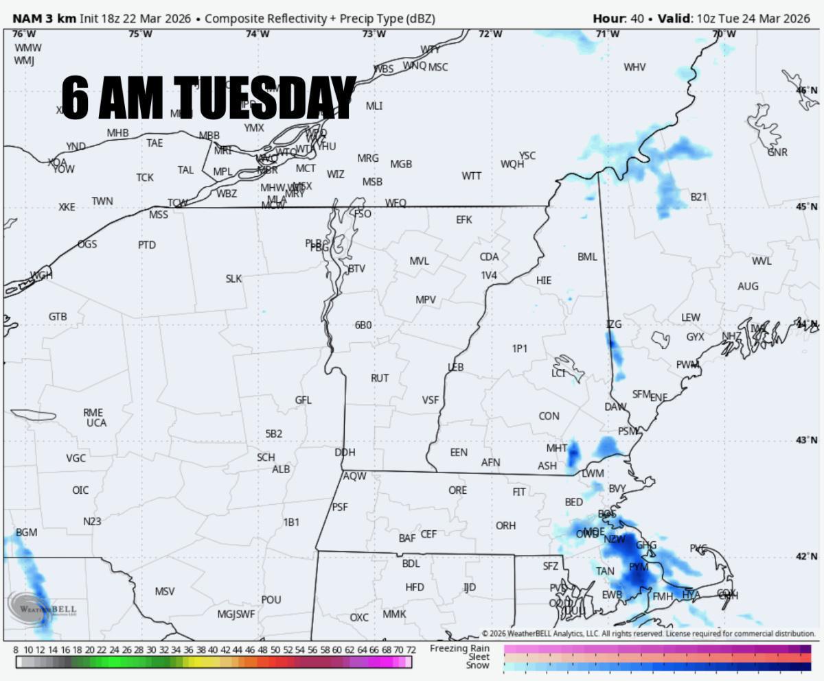 RAIN CHANGING TO SOME SNOW ACROSS MASSACHUSETTS ON MONDAY AM. A NARROW BAND OF 1-3" OF SNOW MONDAY EVE-TUESDAY AM
