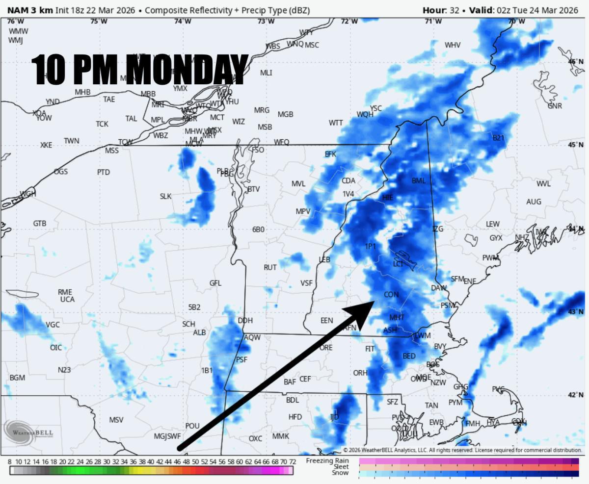 RAIN CHANGING TO SOME SNOW ACROSS MASSACHUSETTS ON MONDAY AM. A NARROW BAND OF 1-3" OF SNOW MONDAY EVE-TUESDAY AM