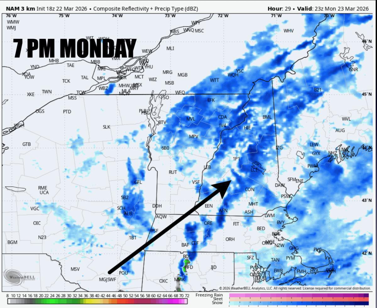 RAIN CHANGING TO SOME SNOW ACROSS MASSACHUSETTS ON MONDAY AM. A NARROW BAND OF 1-3" OF SNOW MONDAY EVE-TUESDAY AM