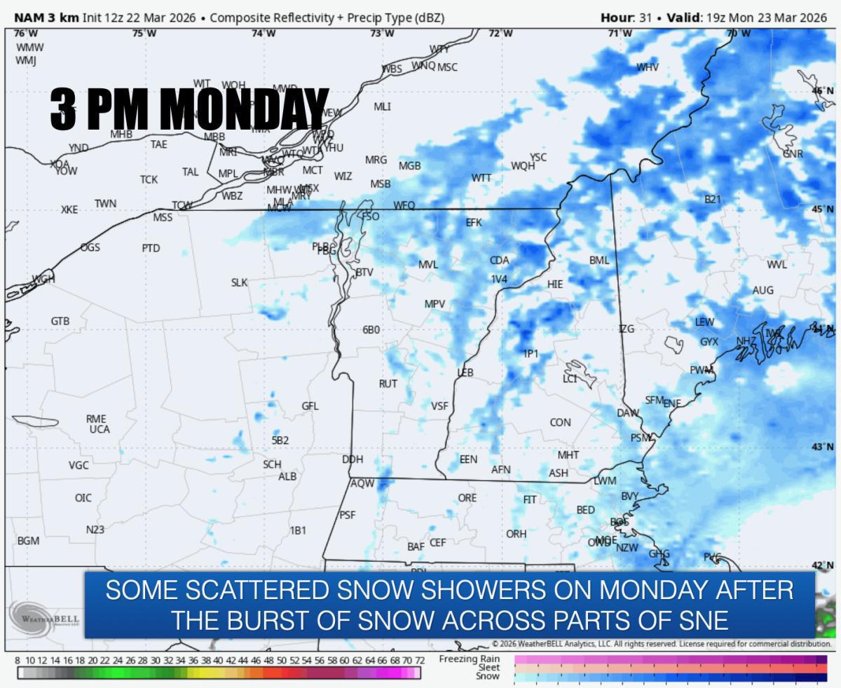 RAIN CHANGING TO SOME SNOW ACROSS MASSACHUSETTS ON MONDAY AM. A NARROW BAND OF 1-3" OF SNOW MONDAY EVE-TUESDAY AM