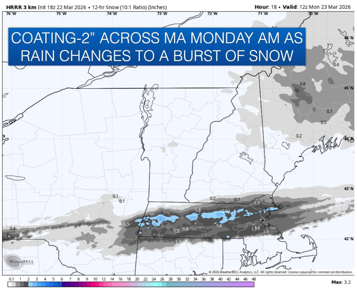 RAIN CHANGING TO SOME SNOW ACROSS MASSACHUSETTS ON MONDAY AM. A NARROW BAND OF 1-3" OF SNOW MONDAY EVE-TUESDAY AM