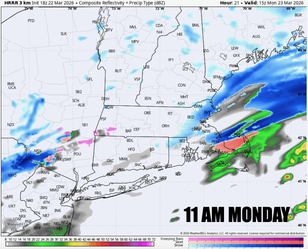 RAIN CHANGING TO SOME SNOW ACROSS MASSACHUSETTS ON MONDAY AM. A NARROW BAND OF 1-3" OF SNOW MONDAY EVE-TUESDAY AM