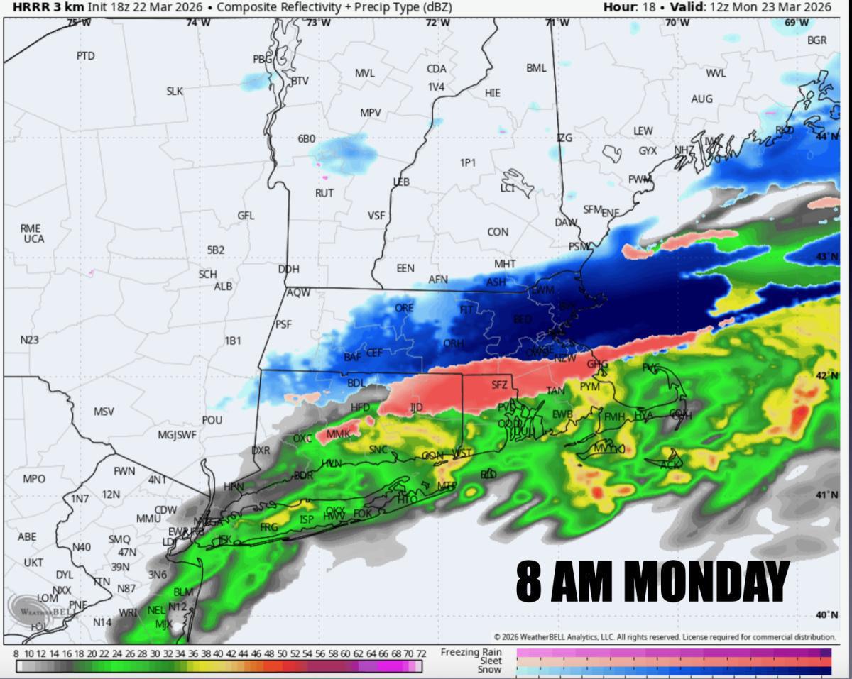RAIN CHANGING TO SOME SNOW ACROSS MASSACHUSETTS ON MONDAY AM. A NARROW BAND OF 1-3" OF SNOW MONDAY EVE-TUESDAY AM