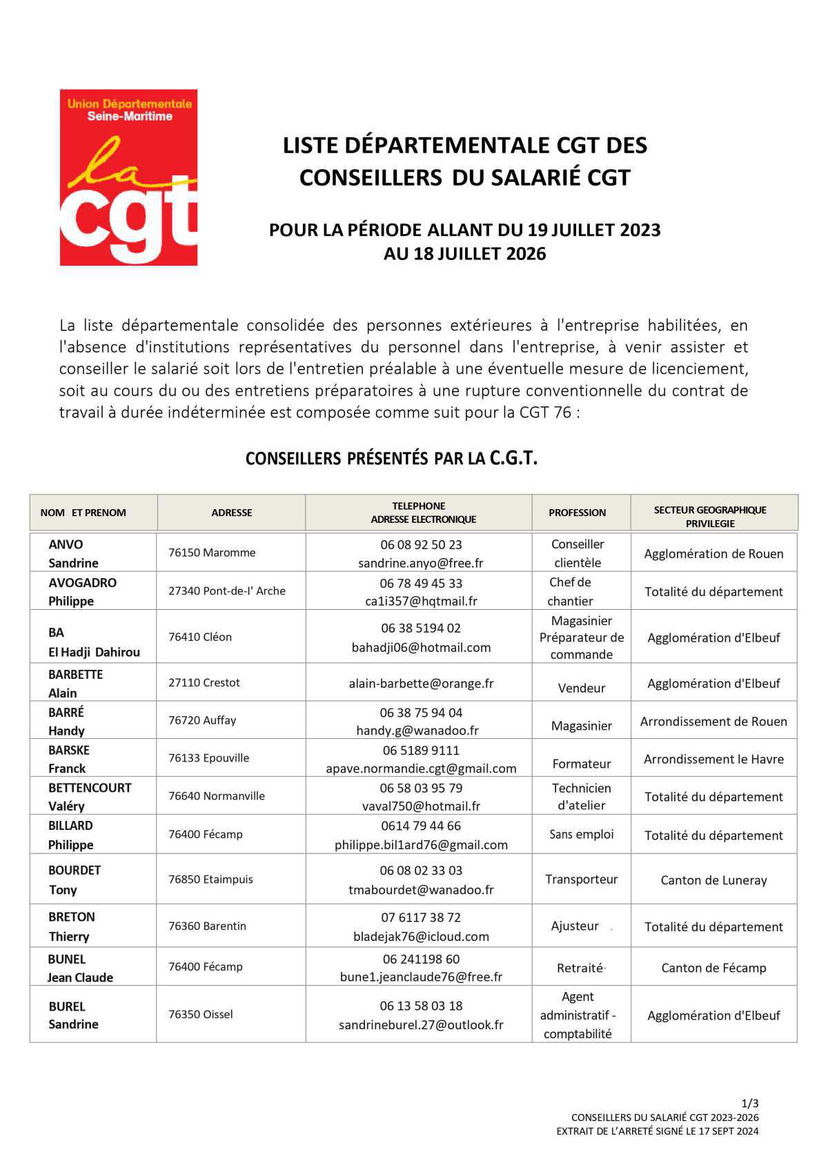 Liste des conseillers du salarié CGT