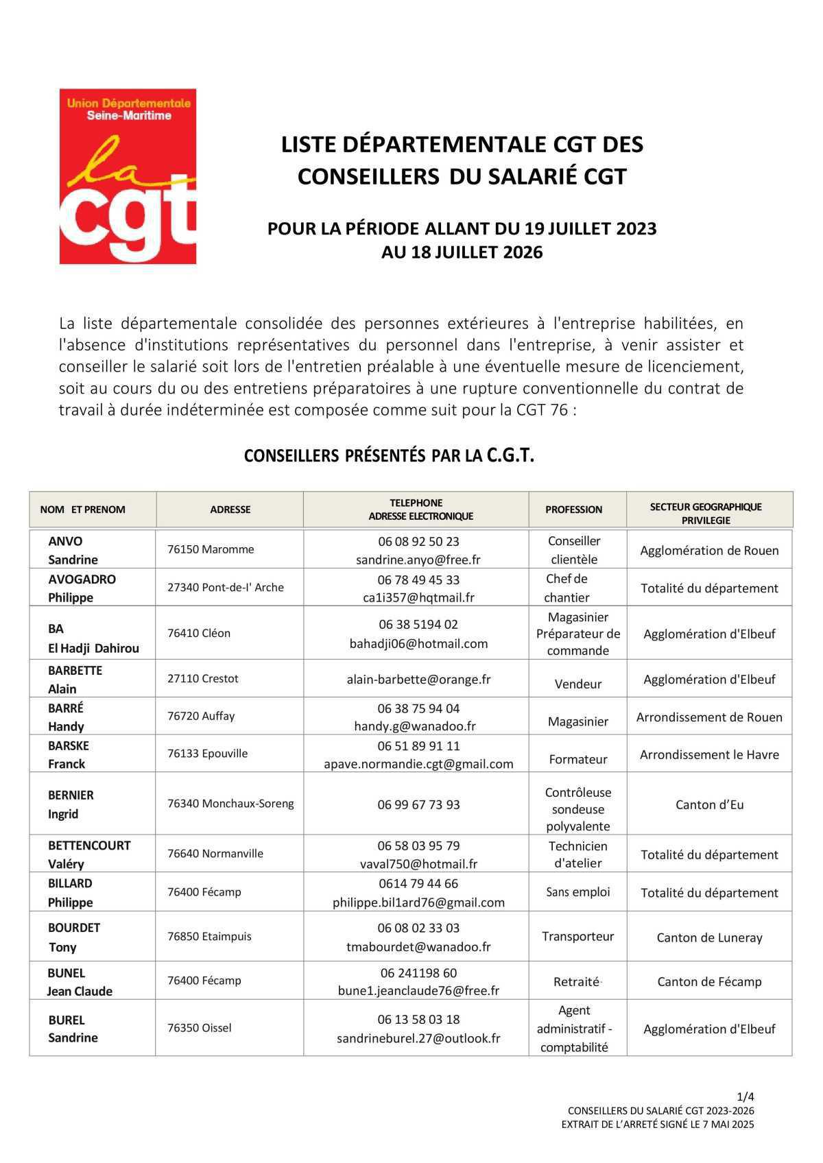 Liste des conseillers du salarié CGT