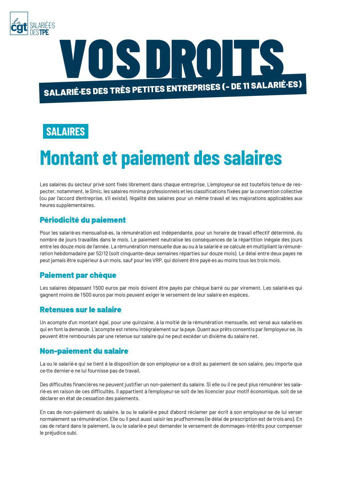 Montant et paiement des salaires