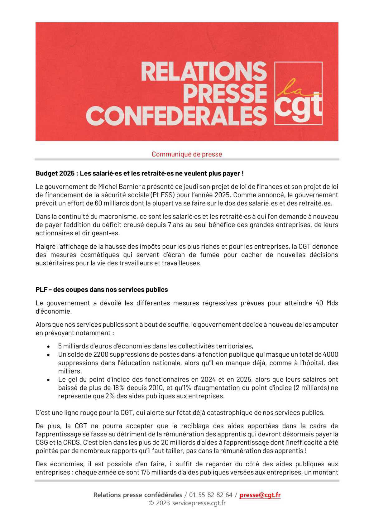 Budget 2025 : Les salarié.e.s et les retraité.e.s ont assez payé !