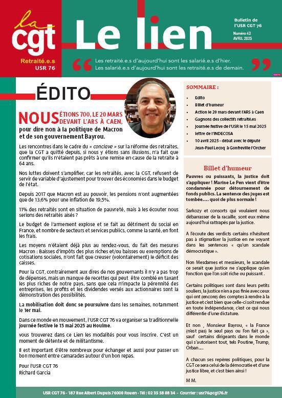 Le Lien N°43 - Le journal des Retraité.e.s CGT - Avril 2025