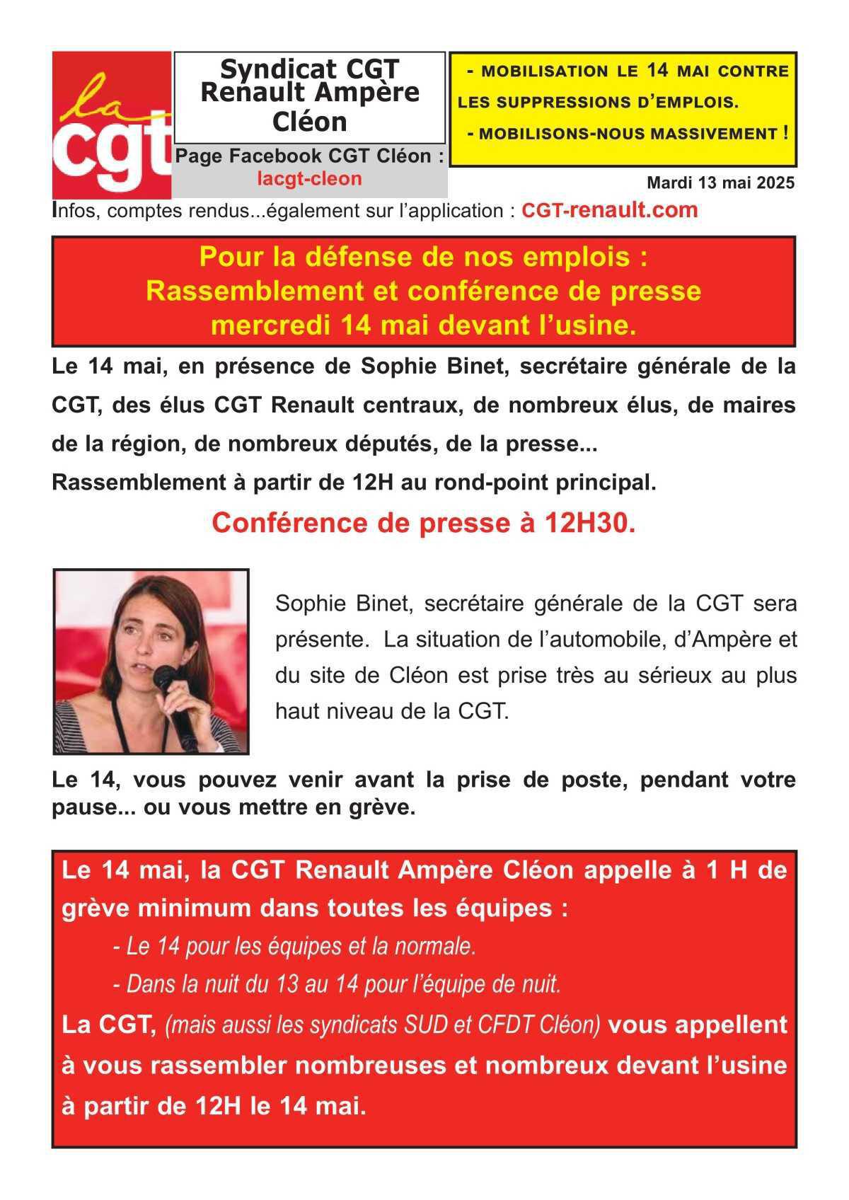 14 Mai: 12H - Rd Pt Renault Cléon -Rassemblement contre la casse industriel, en présence de Sophie BINET, SG CGT.