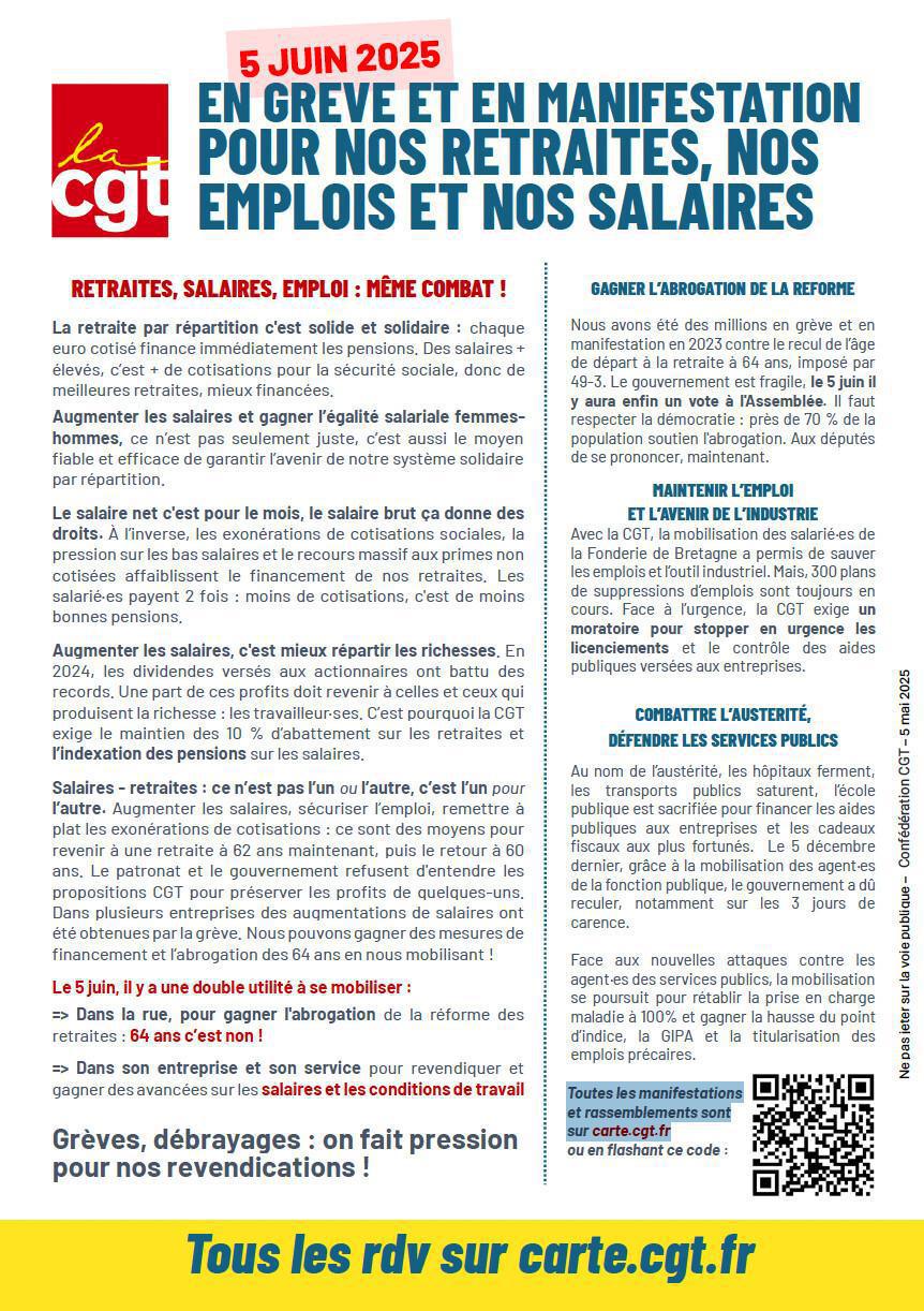 5 Juin: en grève et en manifestations pour nos retraites, nos emplois et nos salaires
