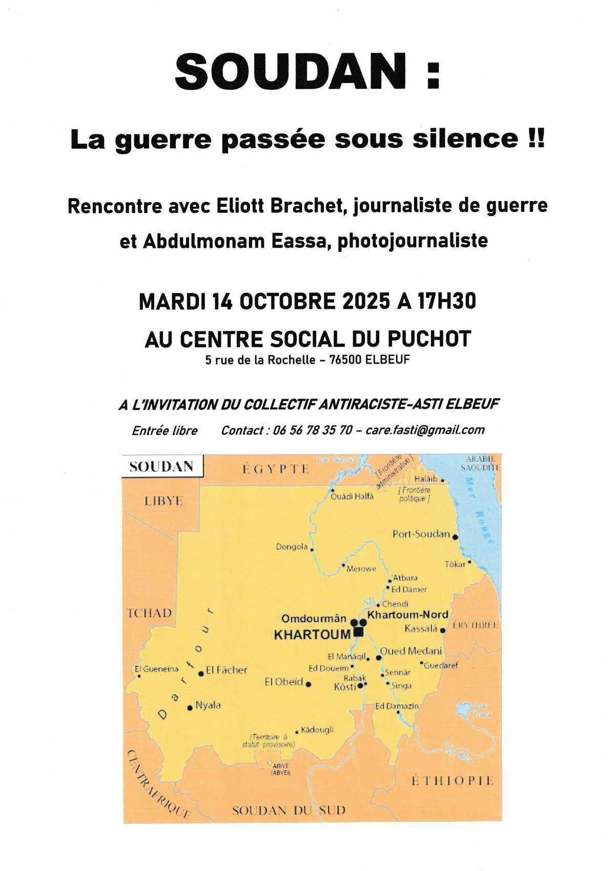14 Oct. - 17H30 - Elbeuf Centre social du puchot - Soirée débat " Soudan, une guerre passée sous silence !"