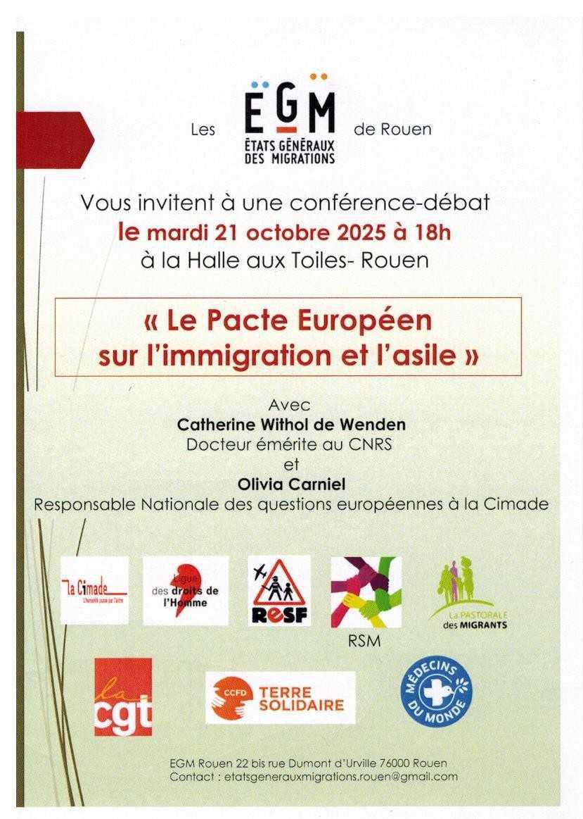 21 Oct. - 18H - Rouen Halle aux toiles - Soirée débat "le pacte européen sur l'immigration et l'asile"