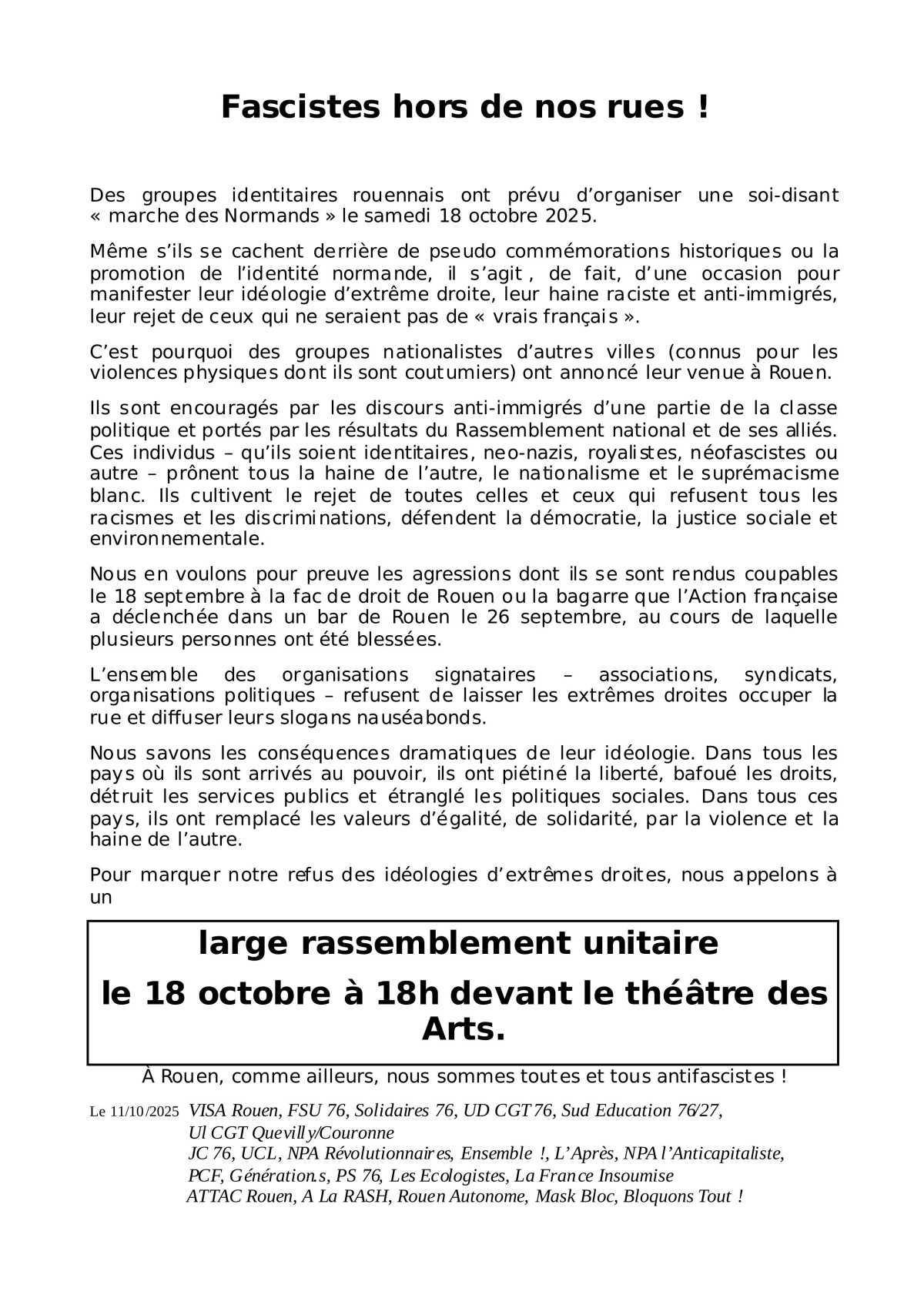 18 Oct, Ensemble contre l'Extrême Droite ! Manif Rouen 18H Théâtre des Arts