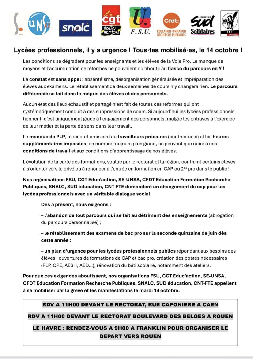 14 Oct: Urgence pour les lycées professionnels - Rassemblements