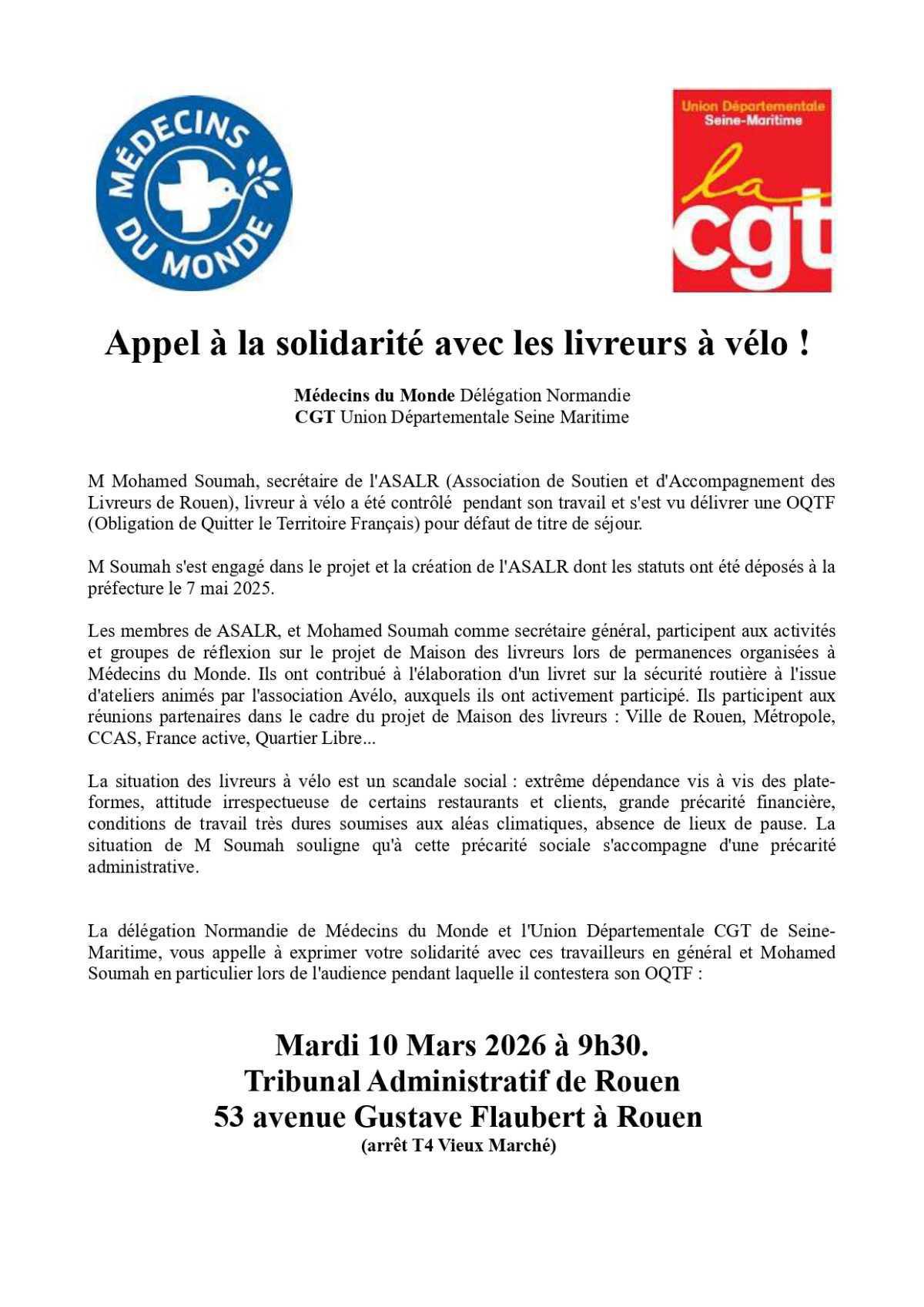 10 Mars: Rassemblement de soutien aux livreurs à vélo à Rouen