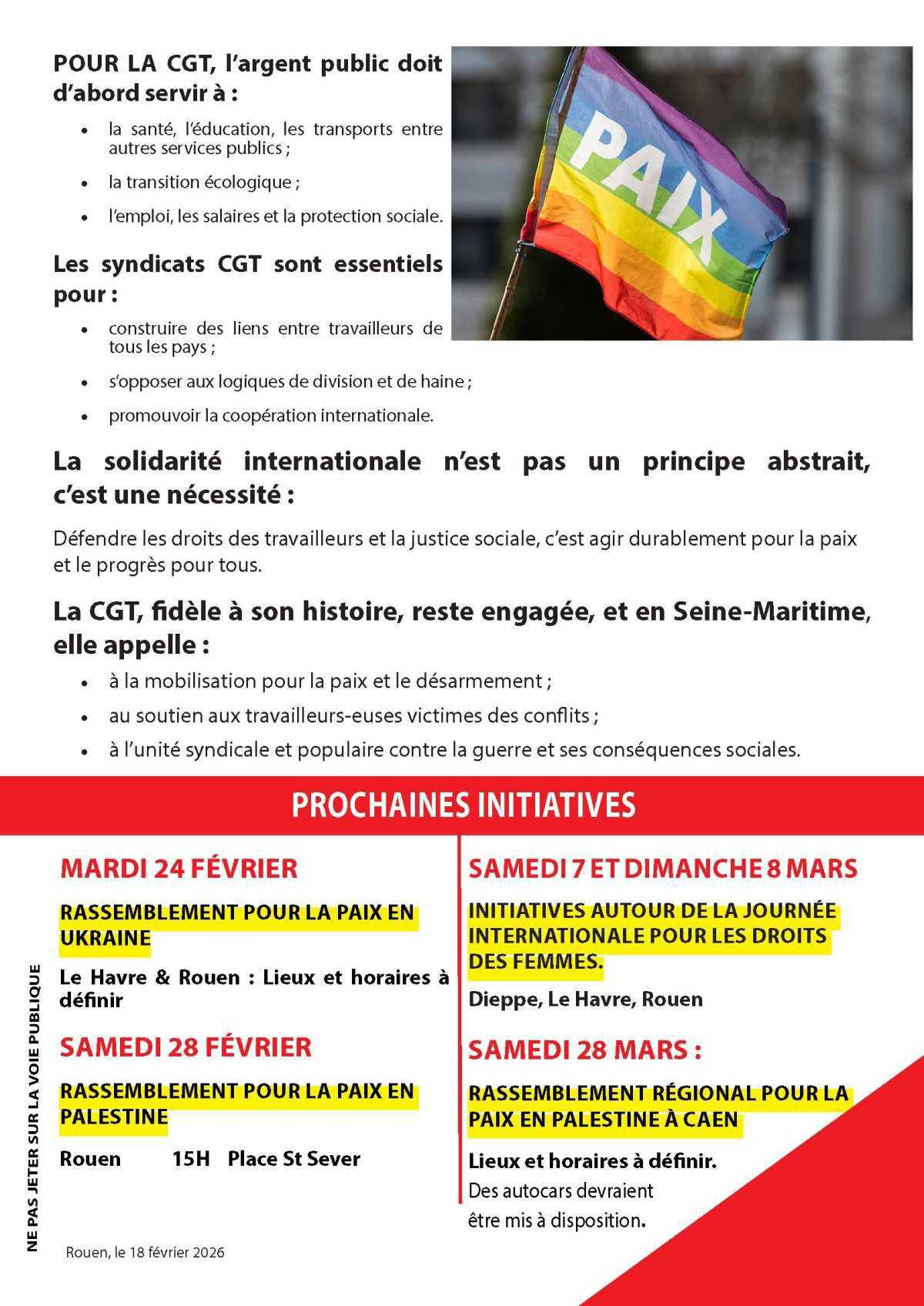 Fév 2026: Pour la Paix et les Droits de tous les travailleurs. Solidarité Internationale !