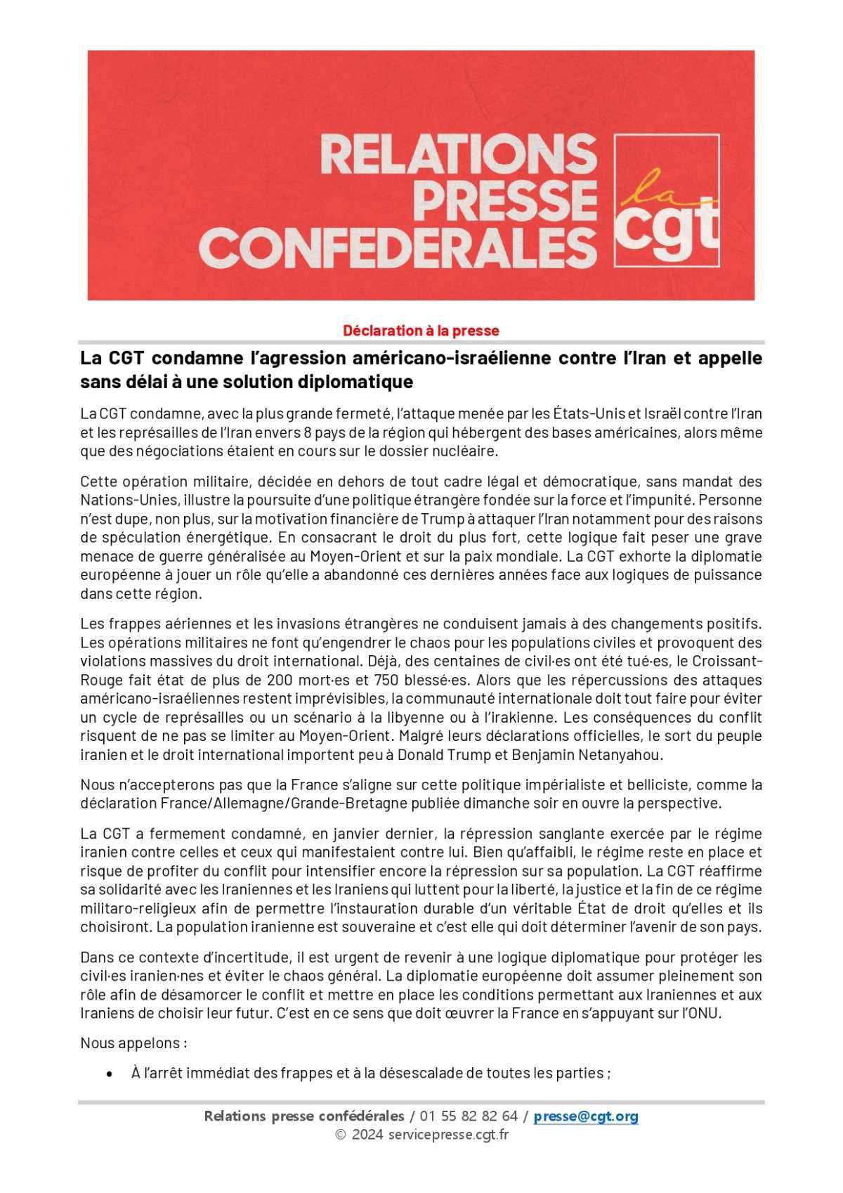 La CGT condamne l'agression américano-israélienne sur l'Iran !
