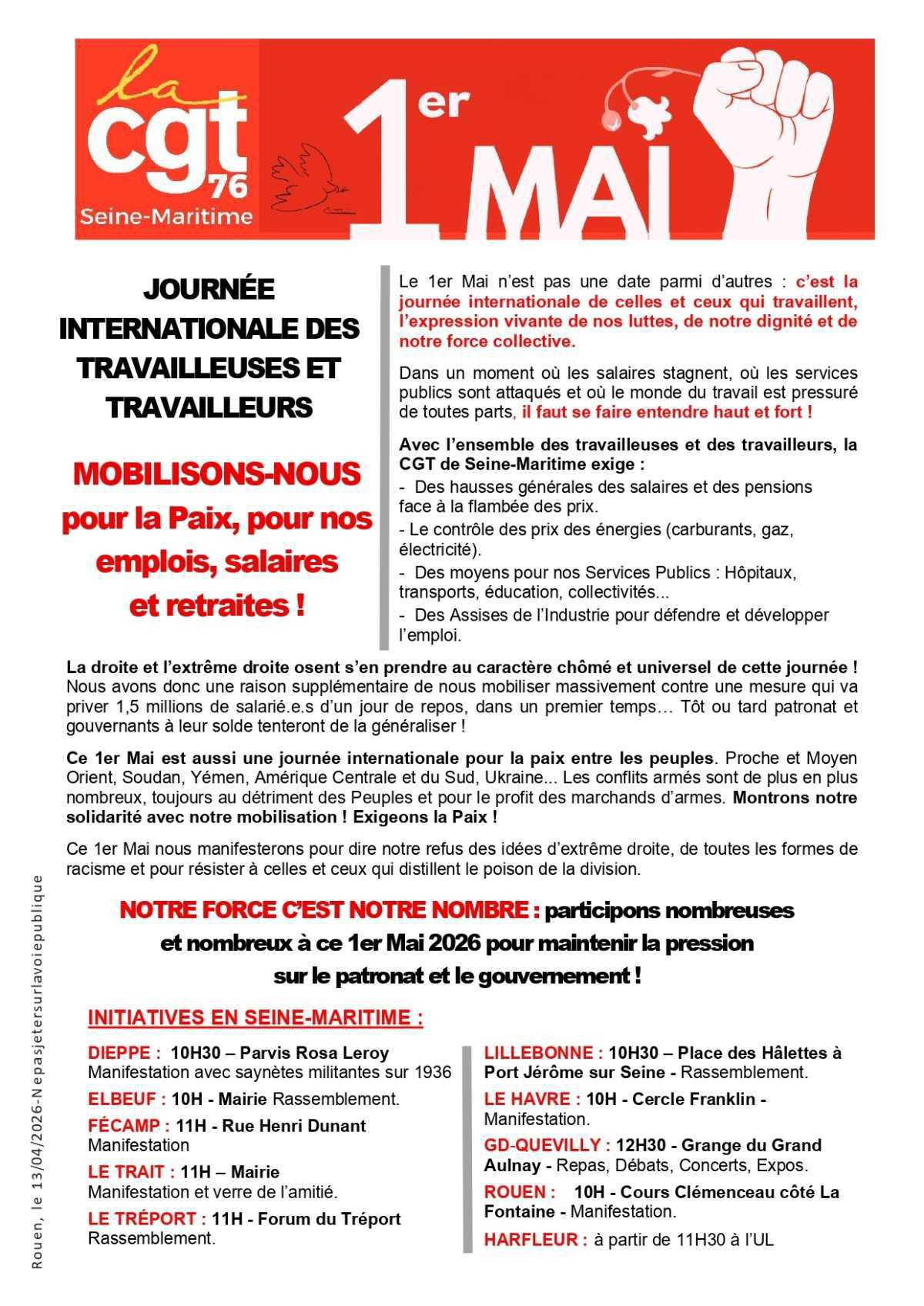 1er MAI: Journée internationale des Travailleuses et Travailleurs. Exigeons la Paix et le progrès social !