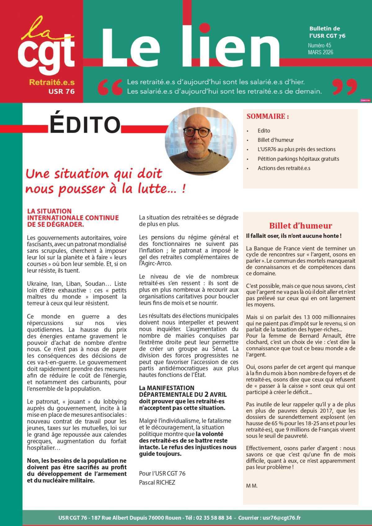 Le Lien N°46 - Le journal des Retraité.e.s CGT 76 - Mars 2026