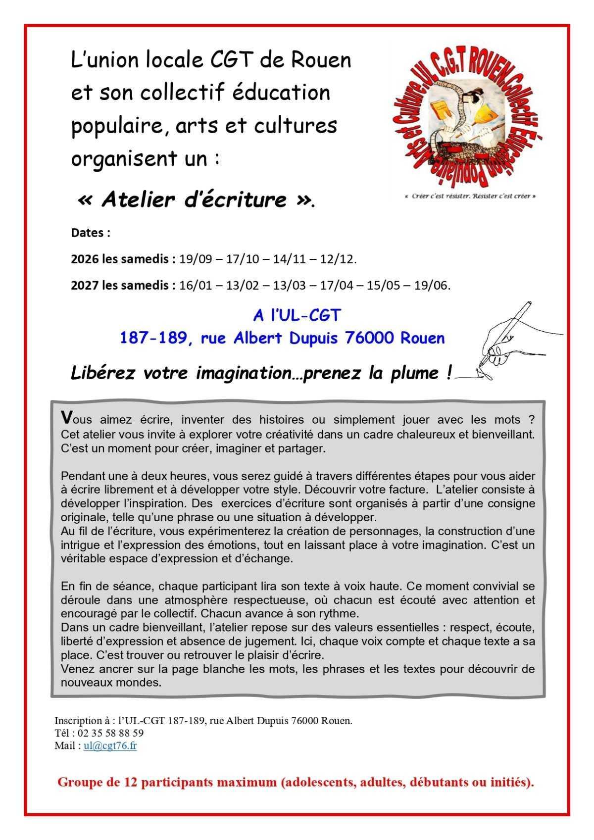 à partir du 19 Sept. 2026 jusqu'en Juin 2027 - Ateliers d'écriture à l'UL CGT Rouen