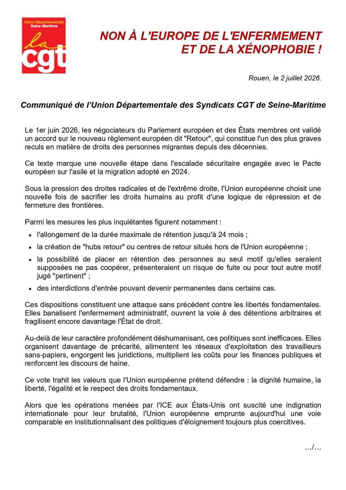 Communiqué CGT 76: NON À L'EUROPE DE L'ENFERMEMENT ET DE LA XÉNOPHOBIE ! 