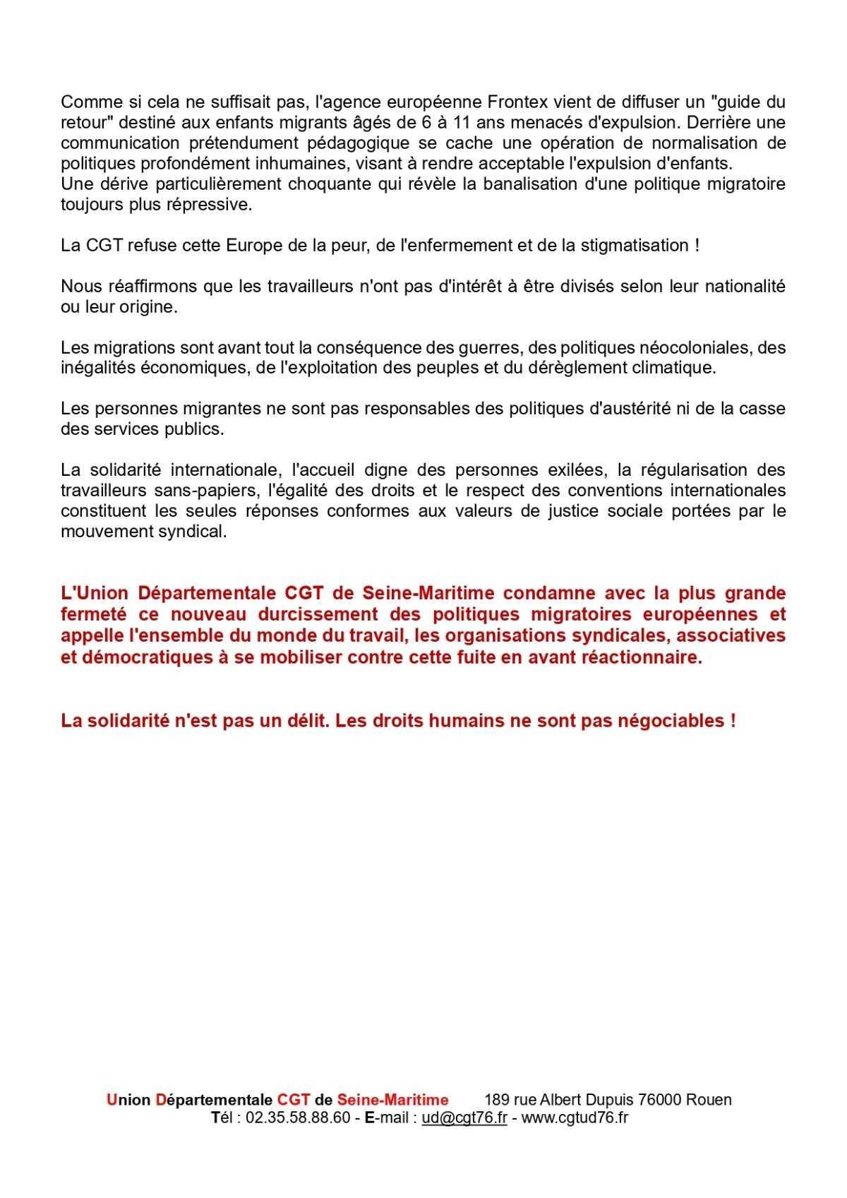 Communiqué CGT 76: NON À L'EUROPE DE L'ENFERMEMENT ET DE LA XÉNOPHOBIE ! 