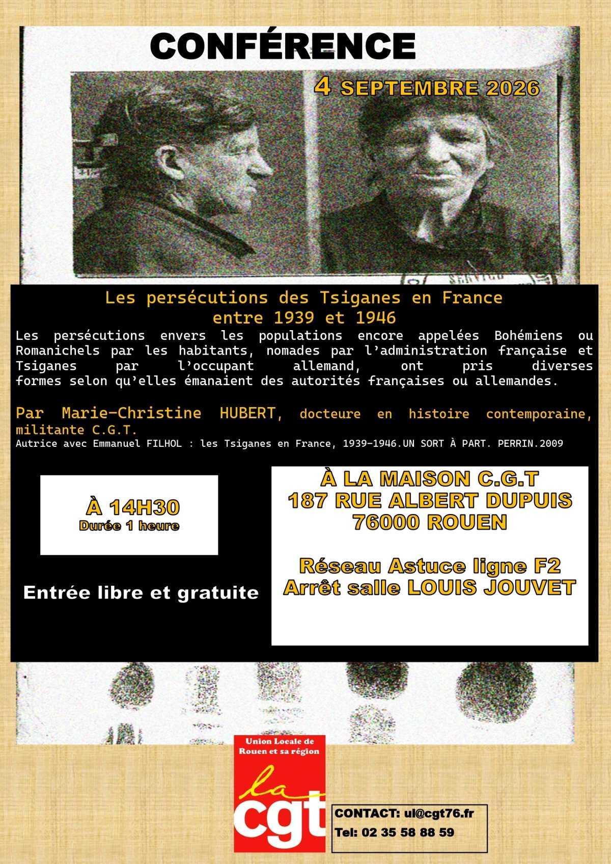 4 Sept - Conférence "les persécutions des tsiganes en France entre 1939 et 1946 - Maison CGT Rouen - UL Rouen